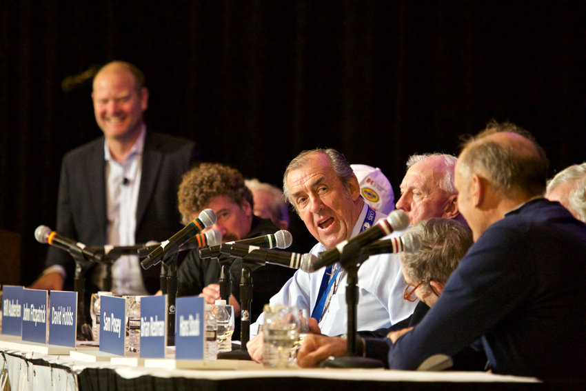 Racing legend David Hobbs (center) compared war stories with Amelia Island Concours honoree Hans-Joachim Stuck (far right) and Boris Said while moderator Tommy Kendall (far left) enjoyed the jokes.