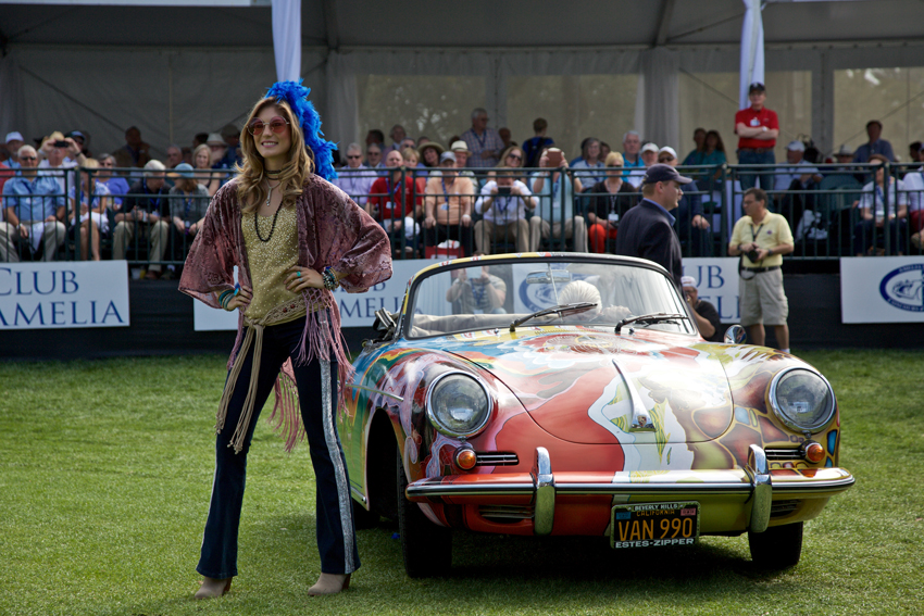 A model in period attire accompanied singer Janis Joplin’s legendary “History of the World cabriolet.