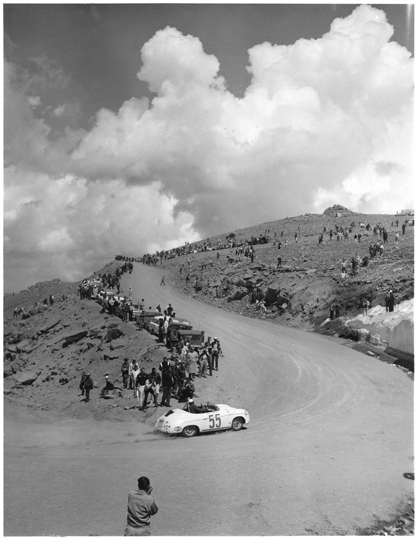 Bill Paine climbs through 16 Mile Corner in his 356A Speedster, the first Porsche ever to compete at Pikes Peak, in 1958. (Photo courtesy of the Pikes Peak Library District Photo Archives.)