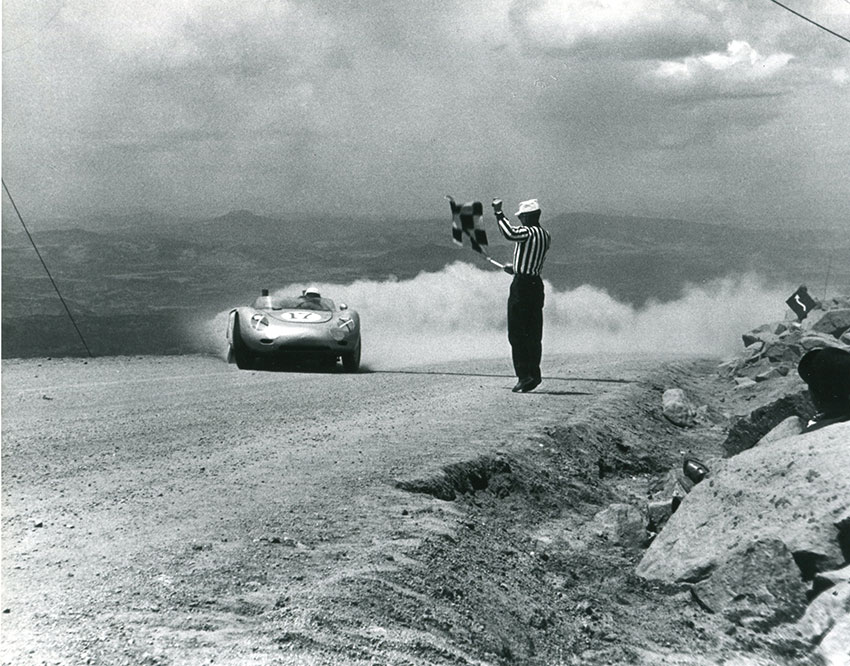 Bob Donner Jr. still has enough horsepower and speed at the top of the mountain to slide his RS-61 sideways across the finish line. He took the overall Sports Car title in 1962. (Photo courtesy of the Pikes Peak Library District Photo Archives.)