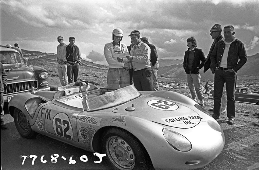 The 1960 1500cc Sports Car Class winner Mike Collins, center with helmet, takes a breather at Devils Playground. (Photo by Dave Friedman from the Henry Ford Museum, Dave Friedman Collection.)