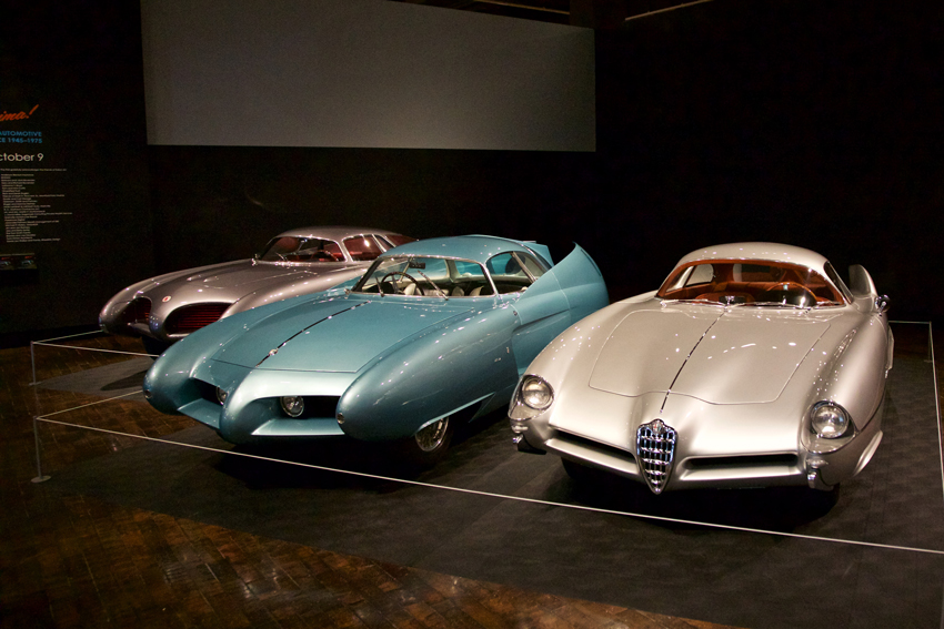The Alfa Romeo Berllinetta Aerodinamica Tecnica, or BATs, line up, from left, 1953 BAT 5, 1954 BAT 7, and 1955 BAT 9.