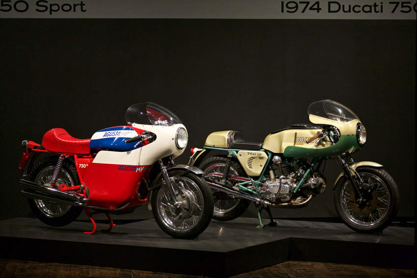 Motorcycles rival the cars for style. At left, the 1973 MV Agusta 750 Sport; right, the 1974 Ducatti 750 Super Sport.