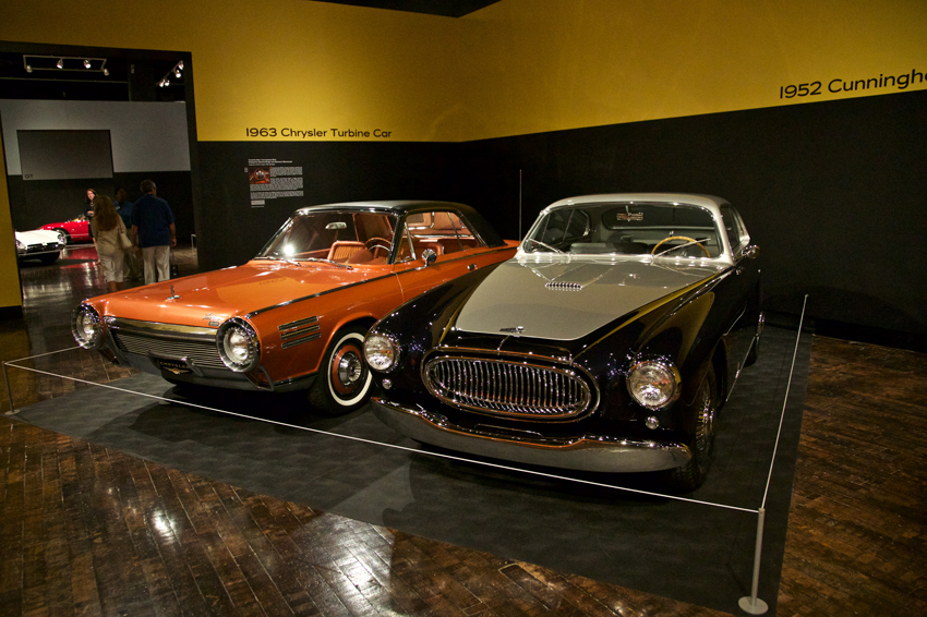 A decade of styling evolution and exuberance separates the 1963 Chrysler Turbine car (left) from the 1952 Cunningham C3 Continental.